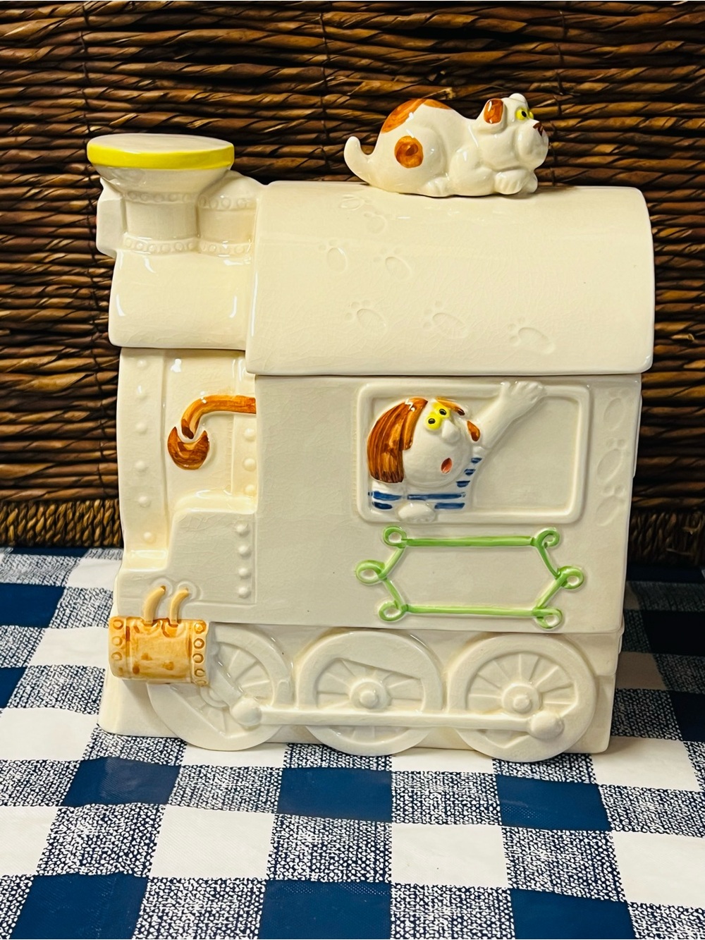 Whimsical Vintage Ceramic Choo Choo Train Cookie Jar With Dog Handle